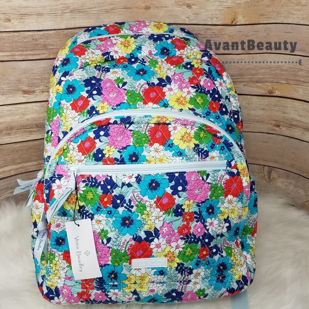 Vera Bradley Far Out Floral Essential Backpack Bookbag Blue Red New Cotton